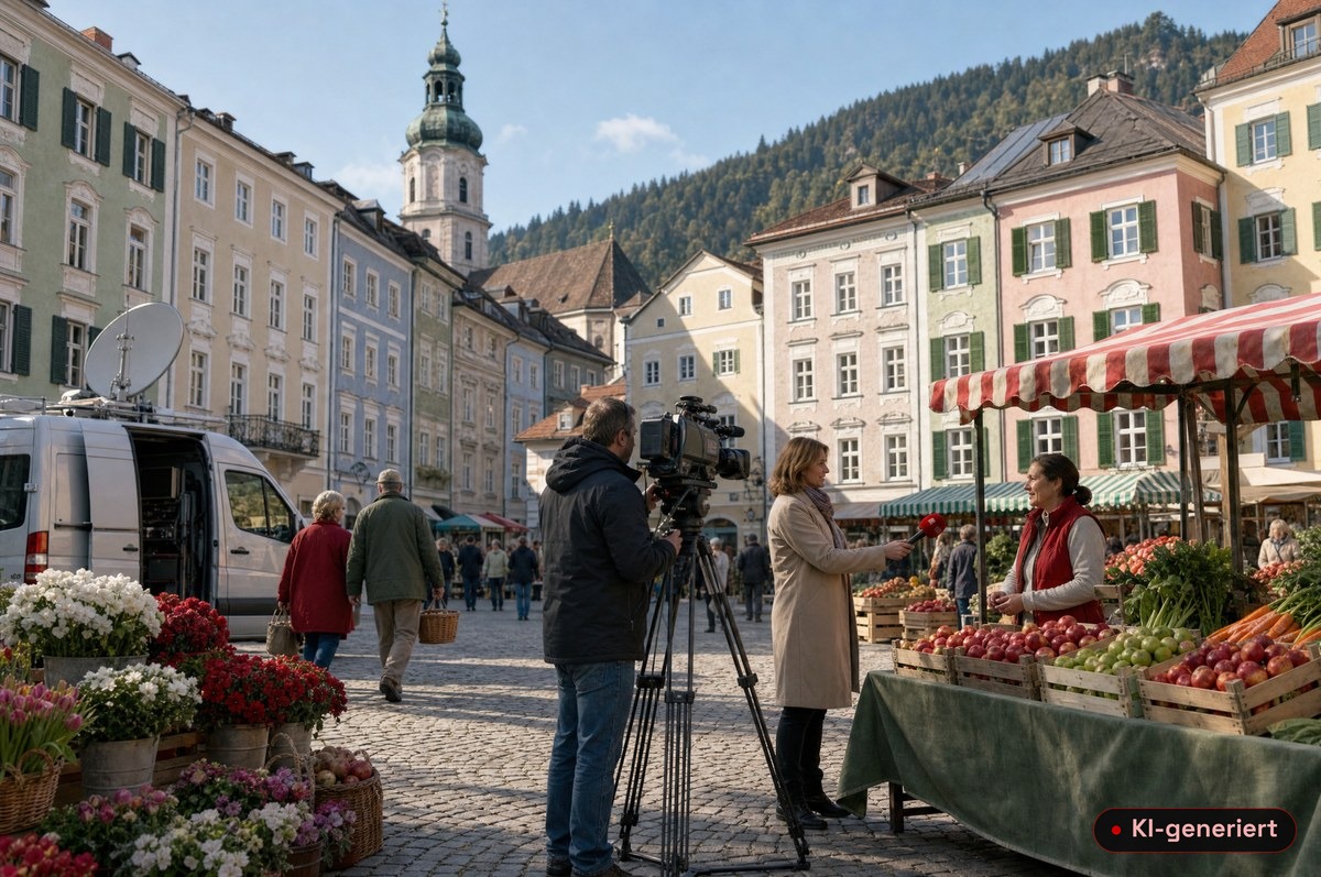 Verworfener fotorealistischer Entwurf: ein Kamerateam auf einem Marktplatz