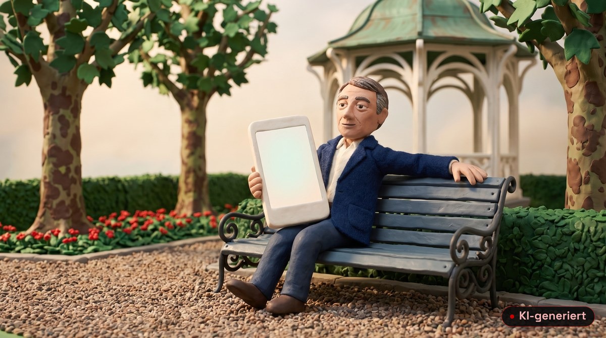 Schlussbild: eine Knetfigur auf einer Parkbank mit einem Tablet