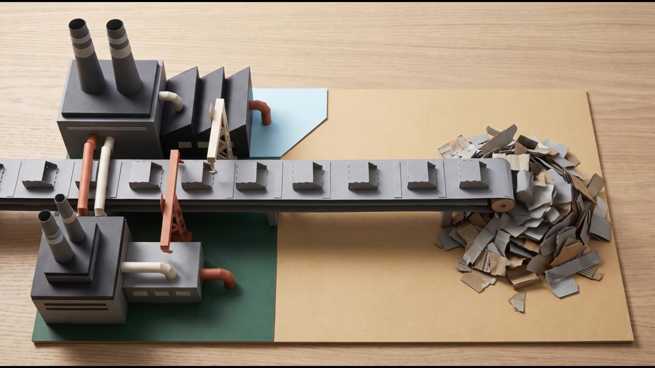 Papercraft-Welt: ein F&ouml;rderband aus grauem Karton f&uuml;hrt aus einer Fabrik zu einem Haufen Abfall